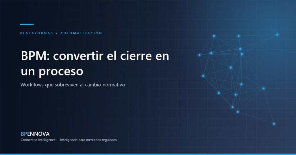 Diagrama conceptual de flujos de trabajo BPM sobre fondo azul corporativo
