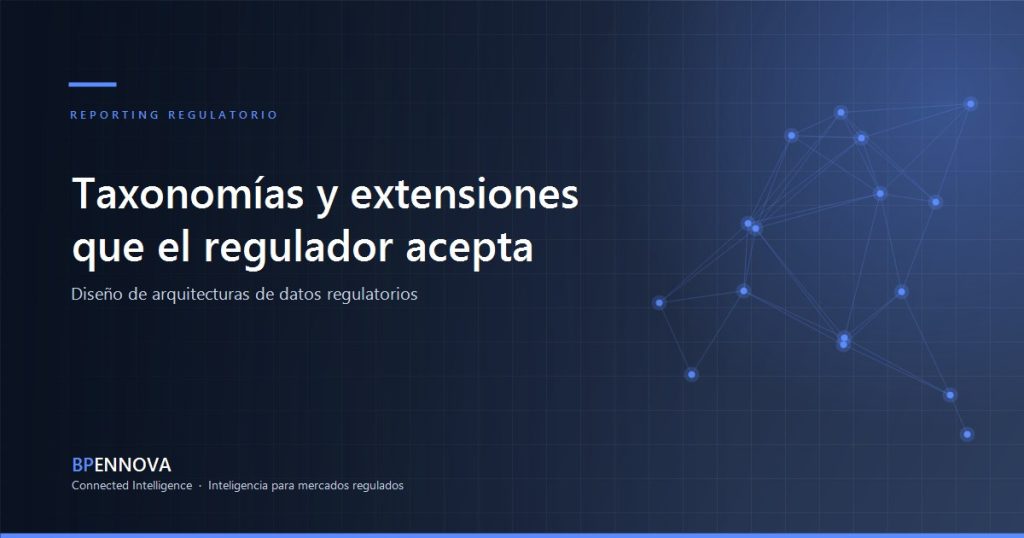 Ilustración de arquitectura de datos regulatorios sobre fondo azul corporativo de BP Ennova