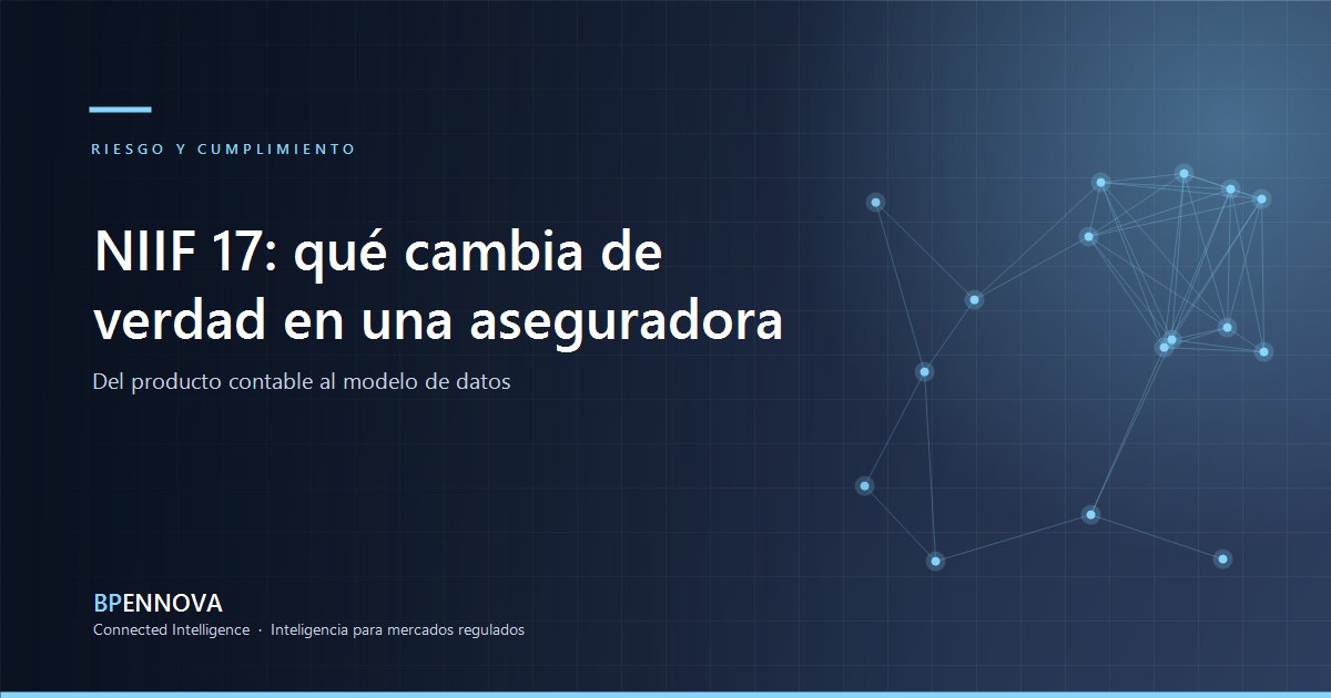 Ilustración conceptual sobre NIIF 17 y modelos de datos en aseguradoras, fondo azul BP Ennova